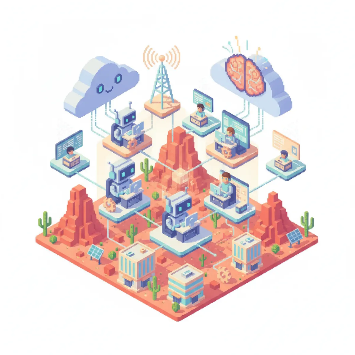 Pixel-art illustration for AI-Powered Call Intelligence Solutions for Mesa, AZ Businesses in Mesa, AZ — cloud phones, network and AI call-intelligence icons.