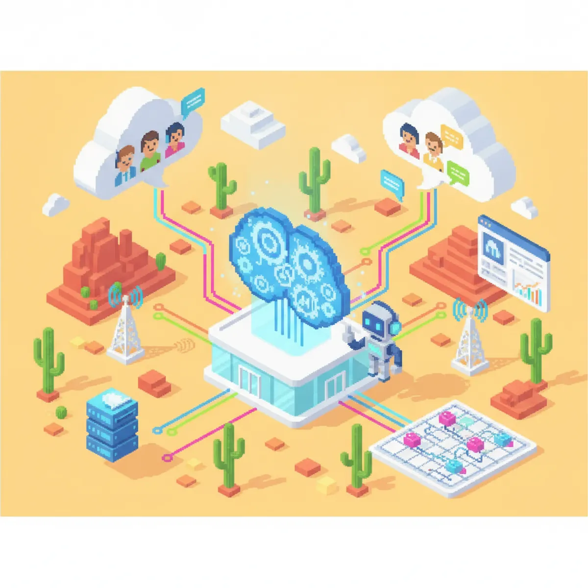 Pixel-art illustration for AI-Powered Call Intelligence & Coaching for Scottsdale Businesses in Scottsdale, AZ — cloud phones, network and AI call-intelligence icons.