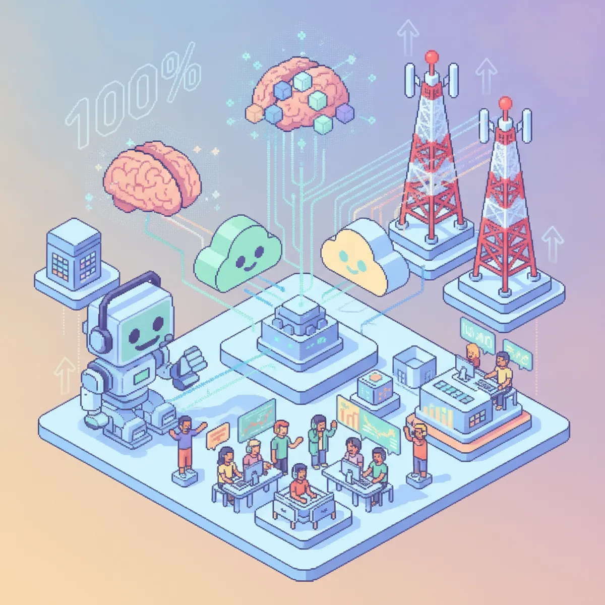 Pixel-art illustration for Beyond Spot Checks: Quantifying 100% AI Call Coaching ROI — cloud phones, network and AI call-intelligence icons.