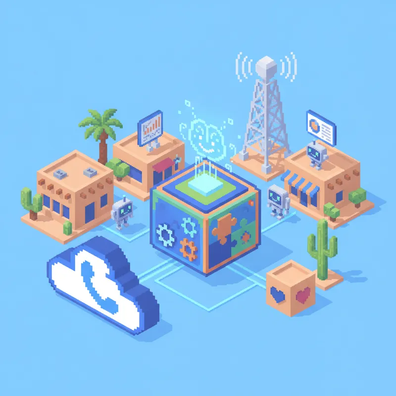 Pixel-art illustration for CRM Integration Services for Chandler, AZ Businesses in Chandler, AZ — cloud phones, network and AI call-intelligence icons.