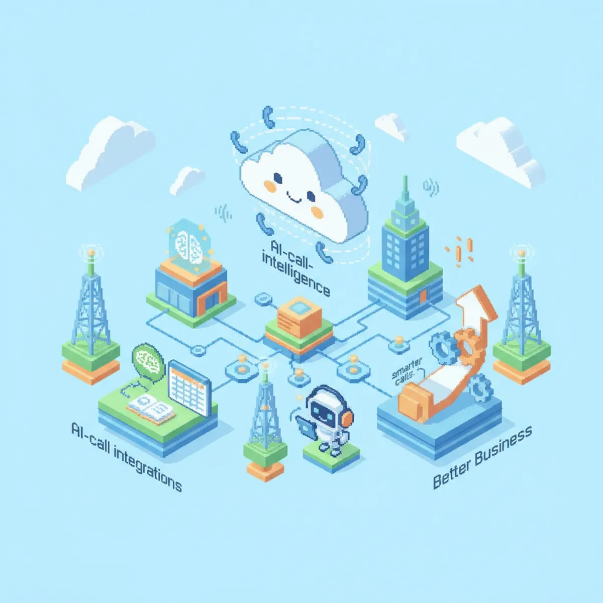 Pixel-art illustration for Denver Business VoIP: Smarter Calls, Better Business — cloud phones, network and AI call-intelligence icons.