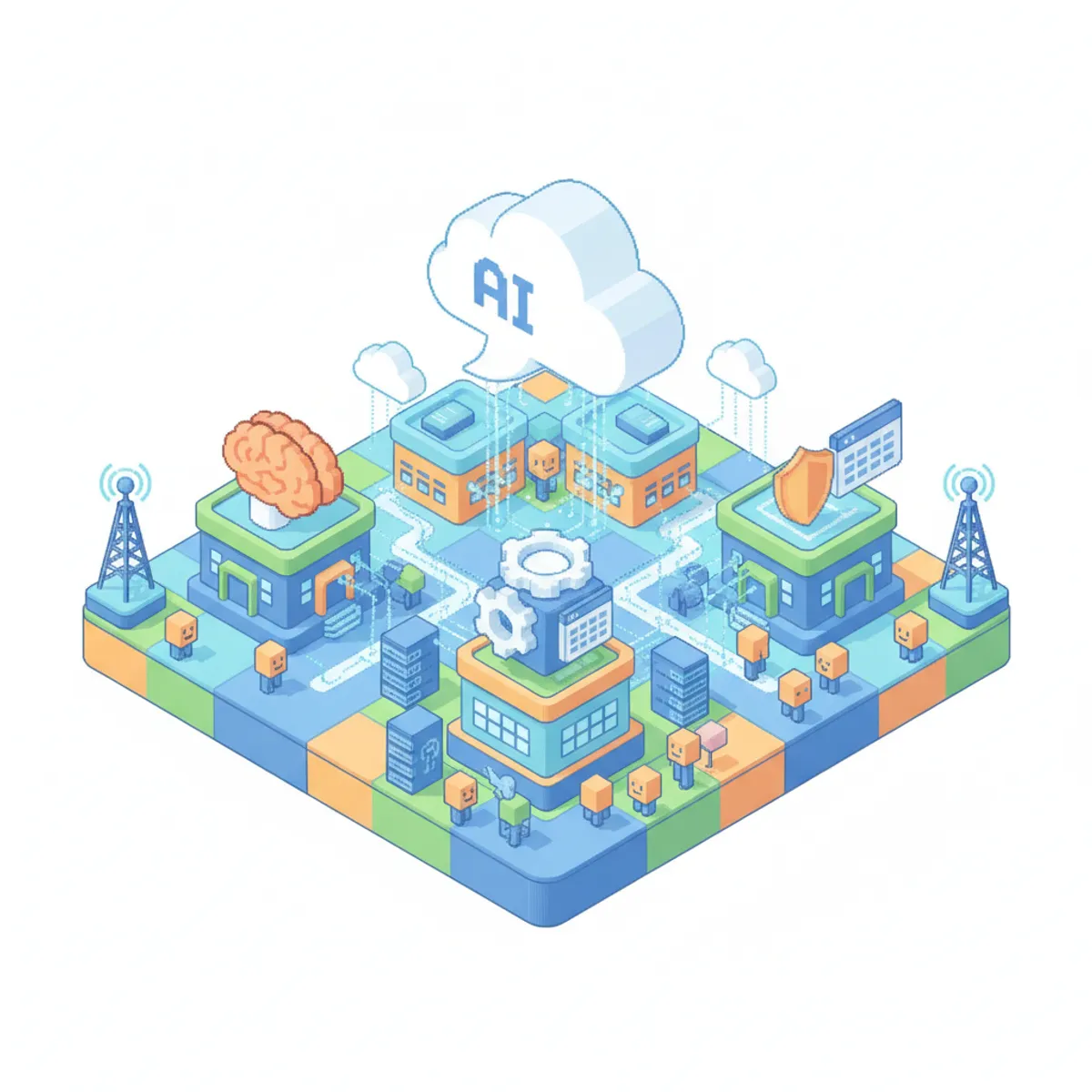 Pixel-art illustration for VoIP AI Explained: Boost Call Performance & Coaching — cloud phones, network and AI call-intelligence icons.