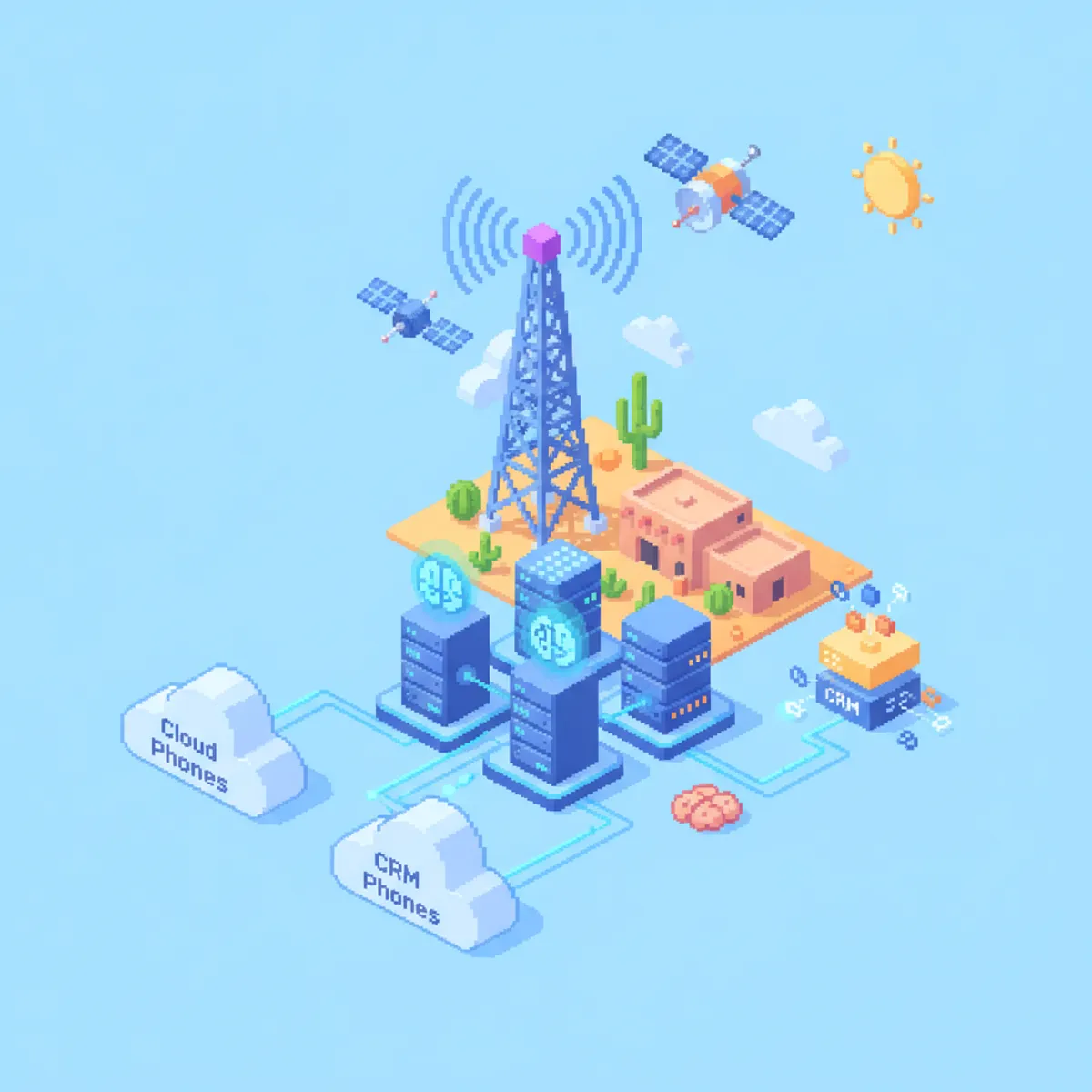 Pixel-art illustration for Voipcom AI: Your Top Choice for AI-Powered Call Intelligence in Gilbert, AZ — cloud phones, network and AI call-intelligence icons.